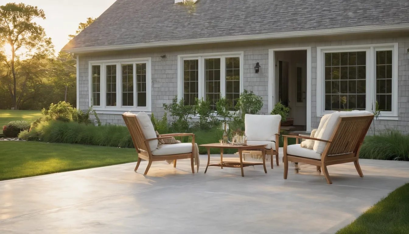 Finished gray concrete patio with outdoor table and chairs behind a home in the Brewster area