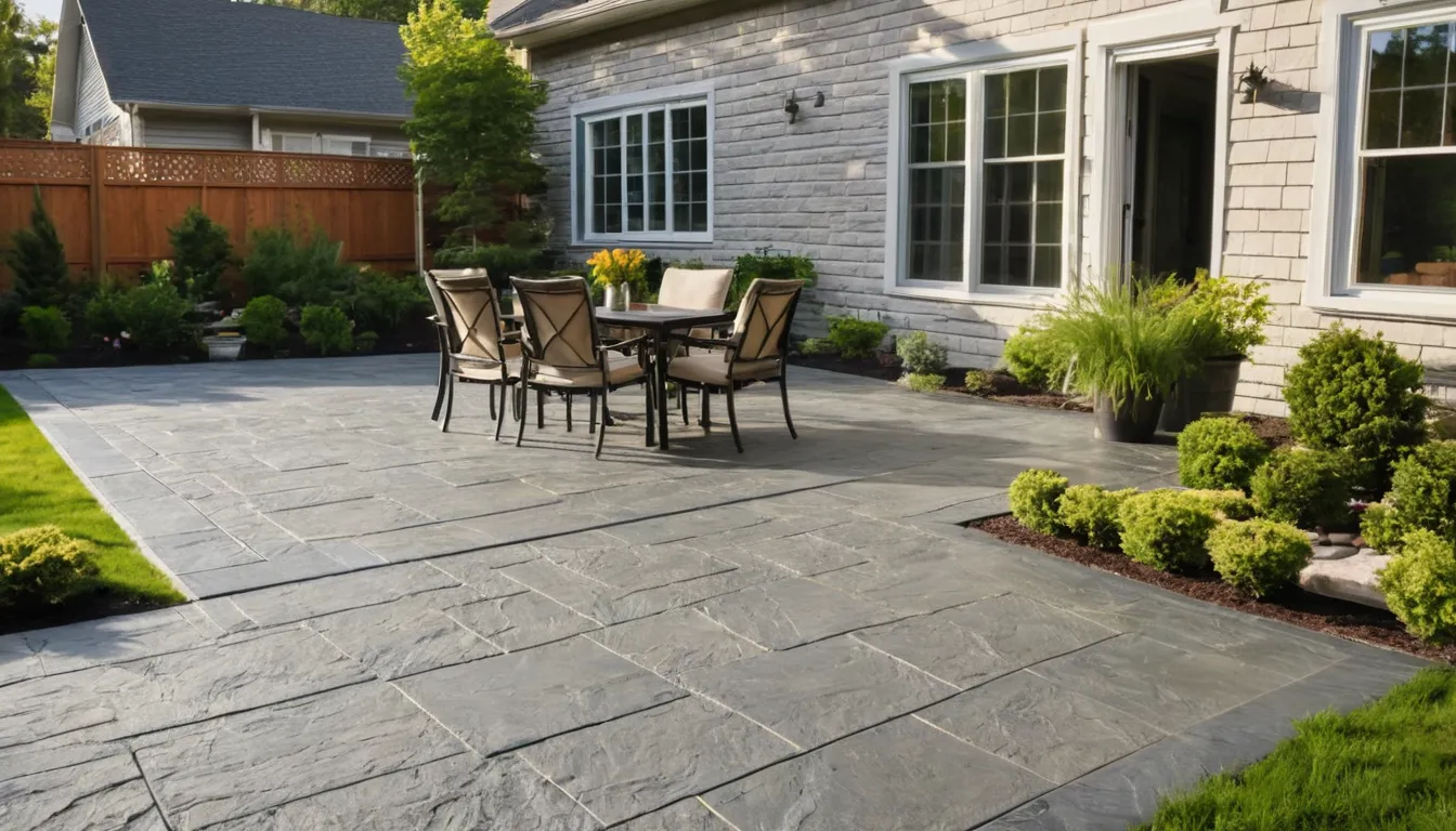 Stamped concrete patio with a slate pattern behind a home in Brewster